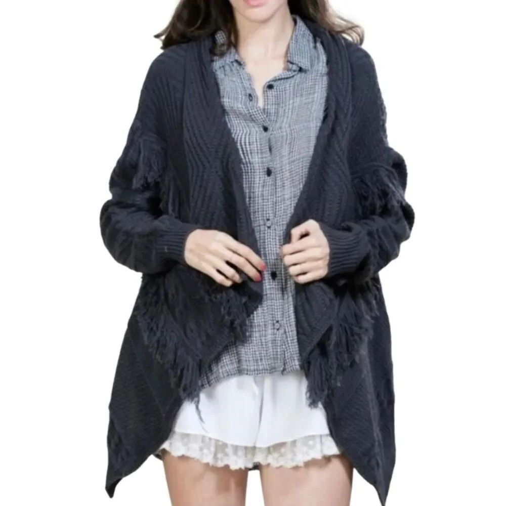 Lucky Brand Charcoal Gray Fringe Waterfall Cardigan Size Small